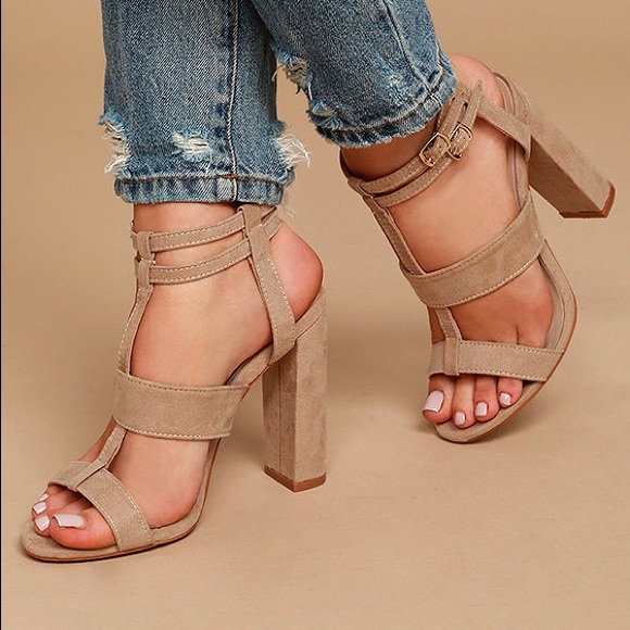 Lulus Shoes - Idalia Nude Suede Strappy Peep Toe Heels